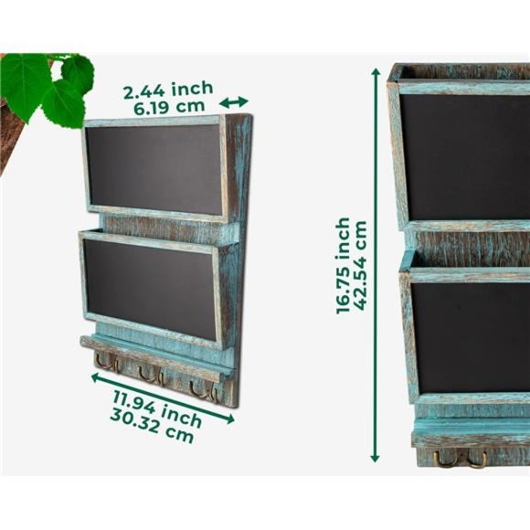 Rustic 2Slot Mail Sorter Organizer for Wall w/Chalkboard Surface & 3 Double Hook - Picture 5 of 6